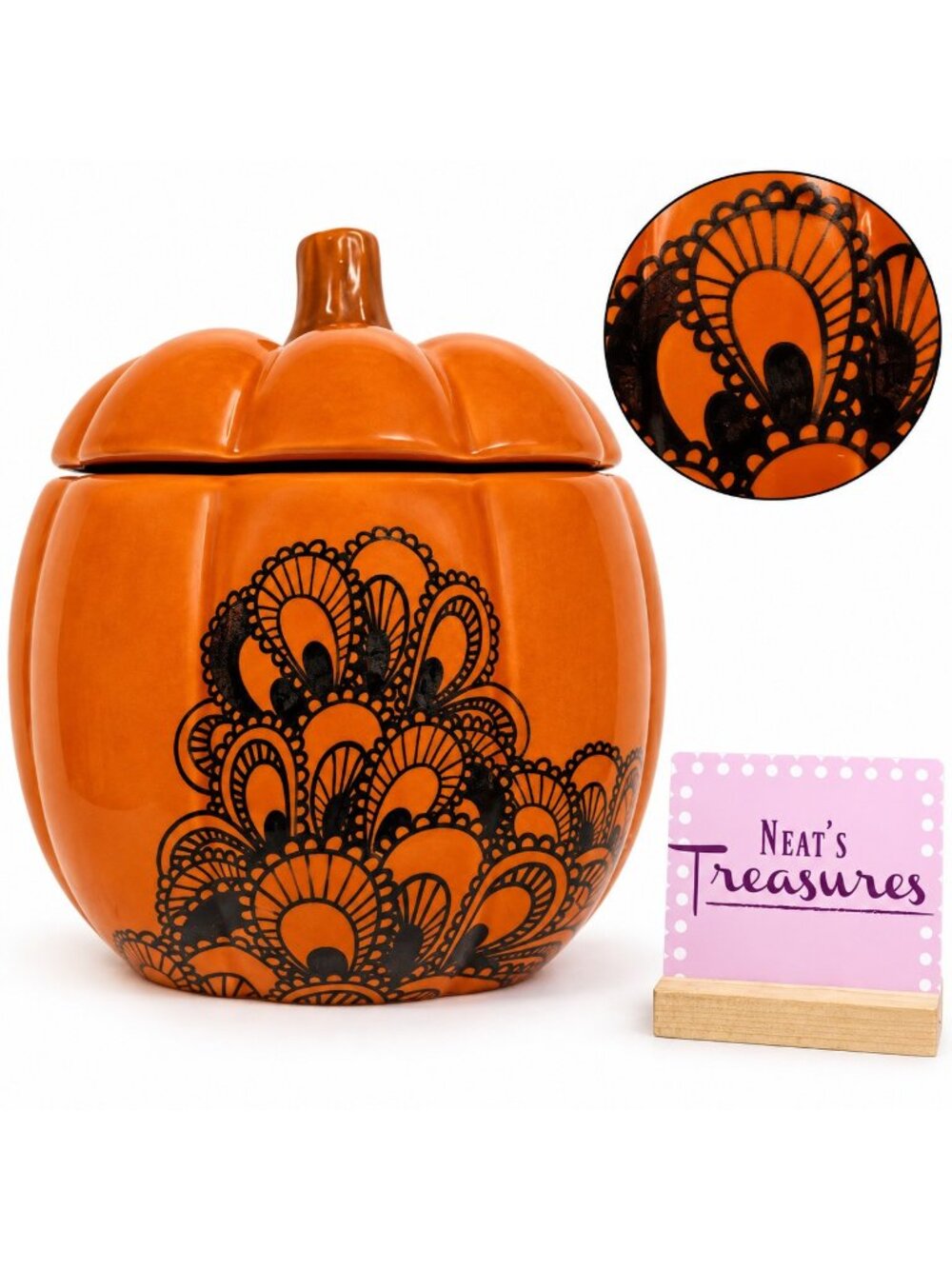 Thanksgiving Fall PUMPKIN Black Mandala Lidded Orange Ceramic Lidded Treat Jar